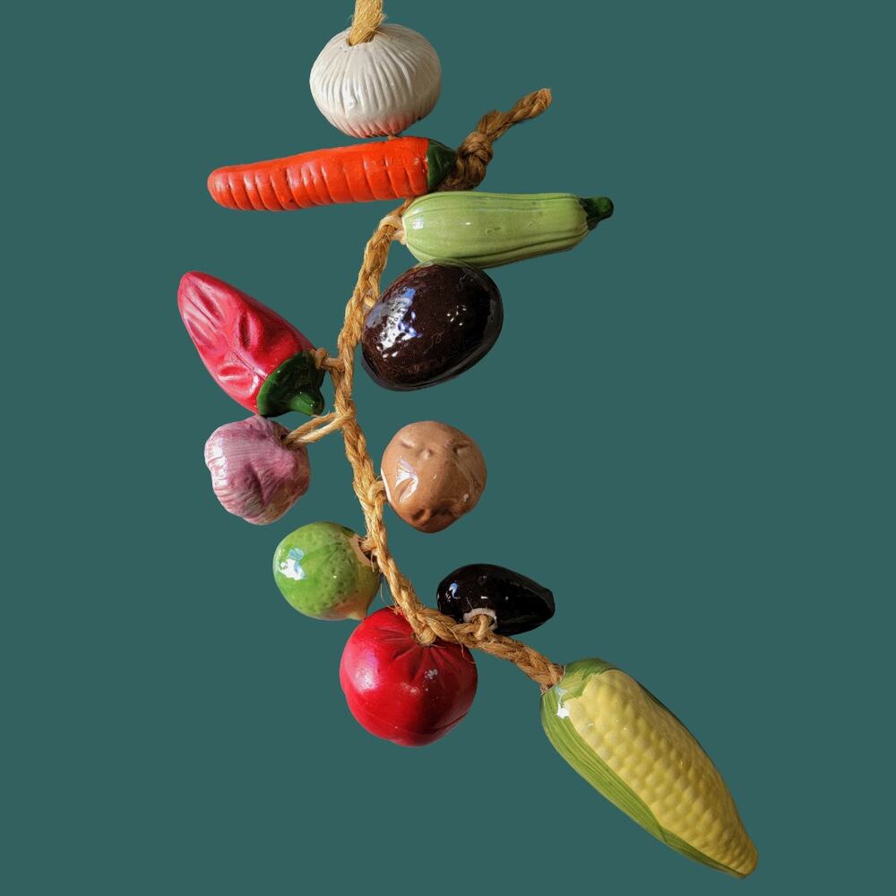 Vintage 1970s Vegetable "Rista" Ceramic and Jute Wallhanging